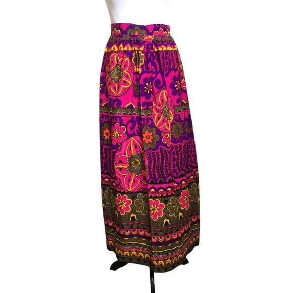 Vintage Dresses & Skirts - 60s Vintage Hawaiian Psychedelic Floral Pink Purple Cotton Blend Maxi Skirt